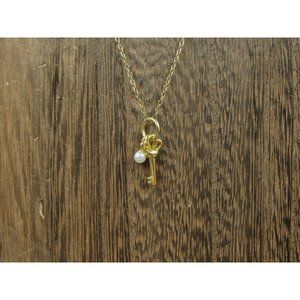 18" Sterling Silver Faux Pearl And Key Gold Plated Necklace Vintage Minimalist